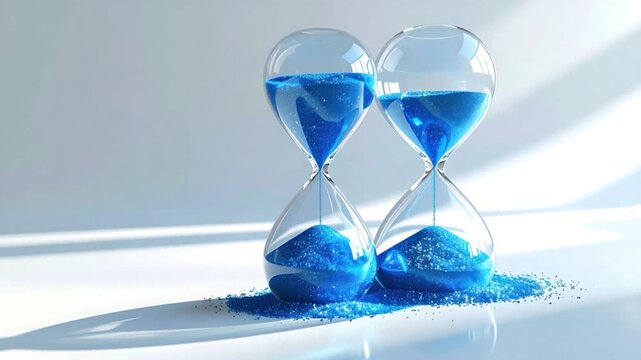 Two hourglasses with blue sand on a white glossy surface