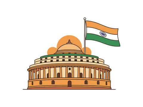 India Parliament Sansad Bhavan building with waving national flag