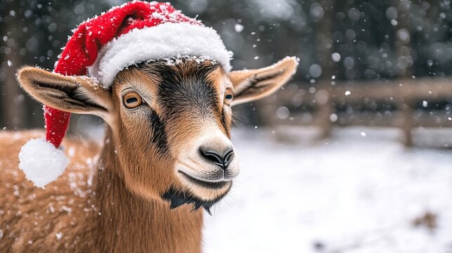 An Adorable Brown Goat Wearing a Festive Santa Hat in a Snowy Meadow During Winter s Charm
