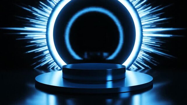 3D animation stage showcase dark blue presentation podium and blue ring light blinks behind it for futuristic technology product display concept.