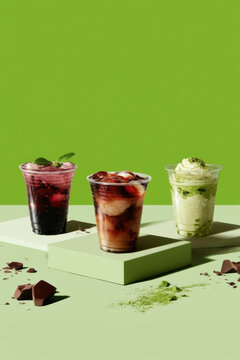 Refreshing iced drinks trio on green background with berries, chocolate pieces, and matcha powder scattered around