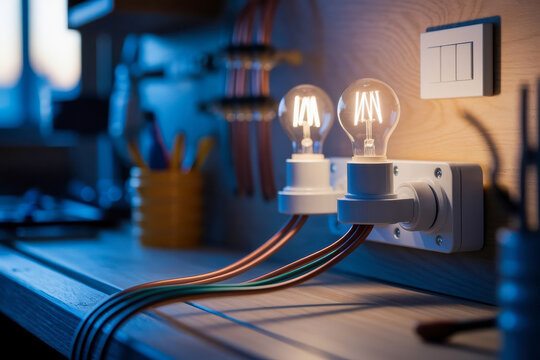 Two vintage filament light bulbs are mounted on a wooden surface with exposed copper wiring, creating a warm, industrial-style lighting setup.