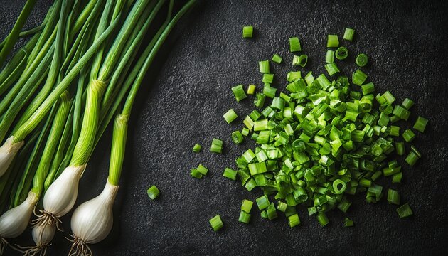 Fresh Green Onions, Whole Scallions, and Chopped Chives on Dark Background for Culinary Use.
