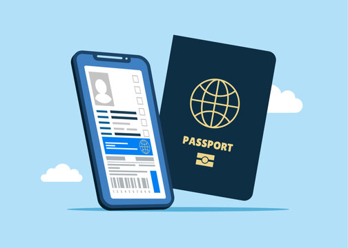 Smartphone with online website for booking airline tickets and purchasing travel. Electronic identity card. Flat vector illustration
