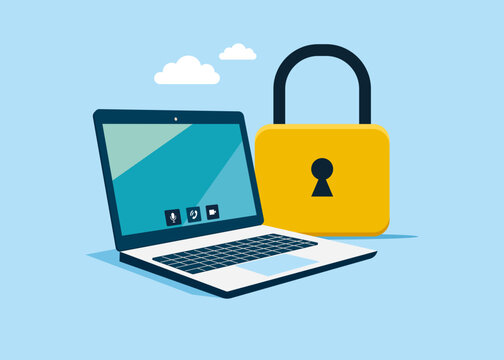 Security system. Laptop with yellow lock over. Computer hardware. Hacker Cyber Attack, Censorship or Ransomware Activity Security. Flat vector illustration