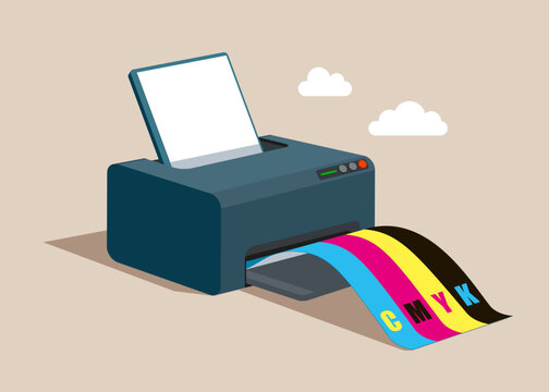 Jet printer with paper CMYK colors. Copier and scan machine. Flat vector illustration