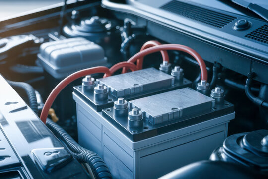 Close-up of a car engine compartment featuring a modern battery with red cables connected, highlighting automotive electrical components.