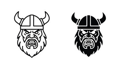Viking warrior head icon set with horned helmet and beard in outline and solid black styles for gaming and sports logo design © Maya
