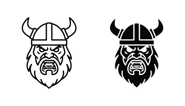 Viking warrior head icon set with horned helmet and beard in outline and solid black styles for gaming and sports logo design