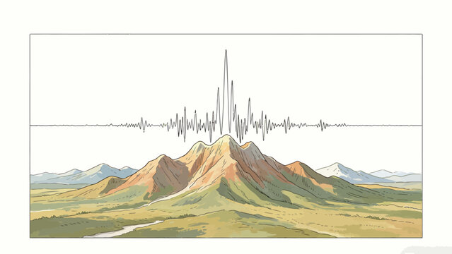 Conceptual Split Composition Visual Metaphor: Sunlit Alpine Mountain Landscape With Seismograph Seismic Wave Aligned Above Its Central Summit