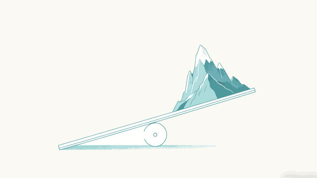 Soft Teal Minimalist Conceptual Illustration Depicting Leverage, With a Mountain Resting On a Tilted Wheel-Supported Lever Seesaw Over Plain Off-White Background