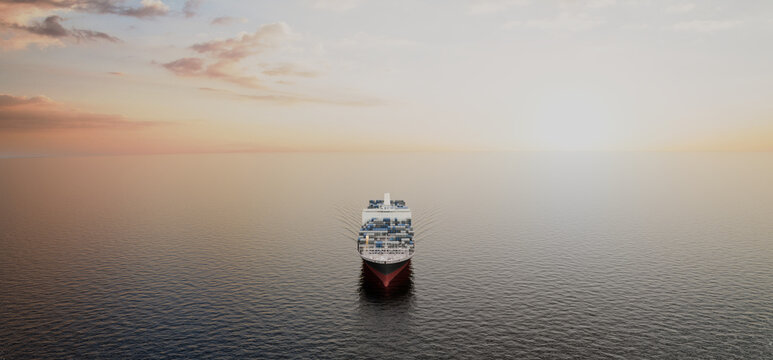 Container ship on ocean at sunset, global shipping and logistics