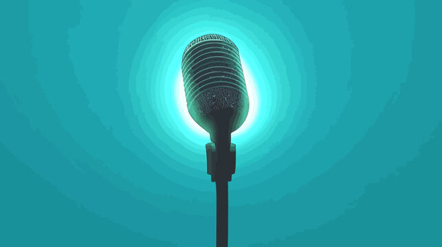 A classic microphone in front of a blue background. The mic is center framed