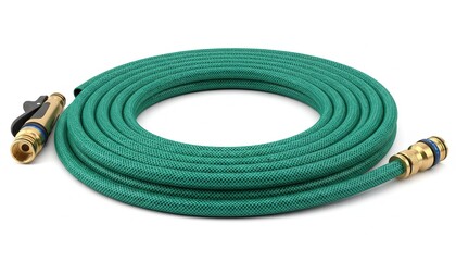 Fototapeta premium Coiled green garden water hose with brass fittings isolated on a white background.