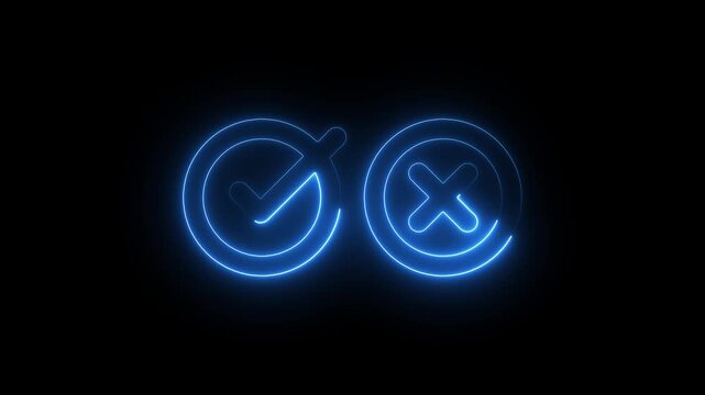 Neon Checkmark and Cross Symbols on Black Background for Decision Making and Choices neon signs check mark