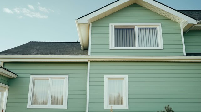 Charming Mint Green Two-Story House Exterior Featuring Dormer Window and White Trim