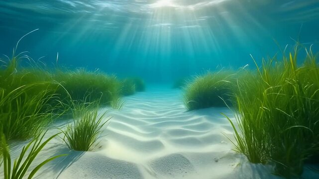 Ultra-clean aquascape animation with vibrant hair grass contrasting against a pure white san