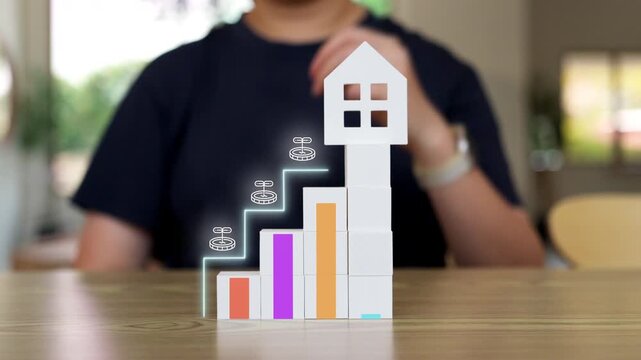 Real estate investment and financial growth concept with wooden blocks bar chart and house model on top of rising graph