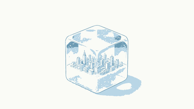 Minimalist Soft Blue Illustration of a Transparent Rounded Ice Cube Containing a Tiny Snow-Covered Urban Skyline, with Falling Snow and Soft Drop Shadow on Plain Off-White Background
