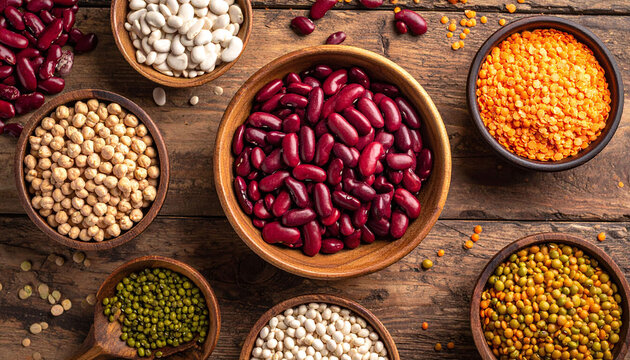 Discover a vibrant assortment of beans, lentils, and chickpeas in rustic wooden bowls. This organic flat lay highlights plantbased protein, ideal for healthy eating and vegan designs.