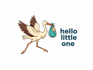 Fototapeta premium Stork Carrying Newborn Baby in Bundle Illustration