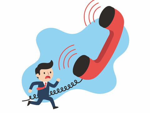 Businessman Running Away From Giant Ringing Phone Receiver