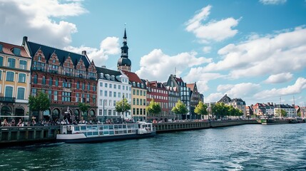Fototapeta premium Colorful European riverside canal with historic buildings and boats under a bright sky