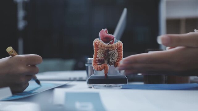 gastroenterologist holds anatomical model of gastrointestinal tract, including intestines, gallbladder, and stomach and explains structure of internal organs to patient. closeup