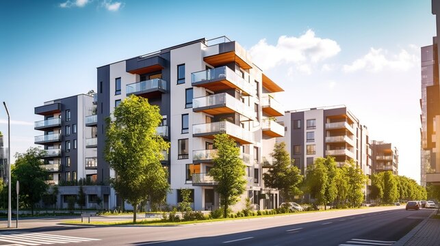 Contemporary mid-rise apartment buildings line a sunlit tree-lined urban street with modern balconies