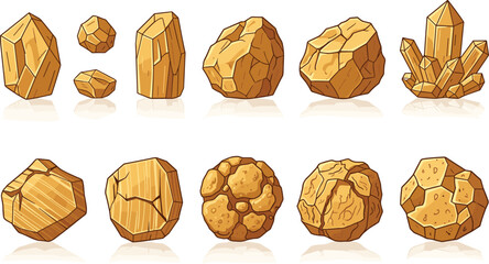 Cartoon Golden Rock Stone and Crystal Mineral Set in Various Shapes and Textures for Game Asset and Geology Nature Vector Illustration © Aminul