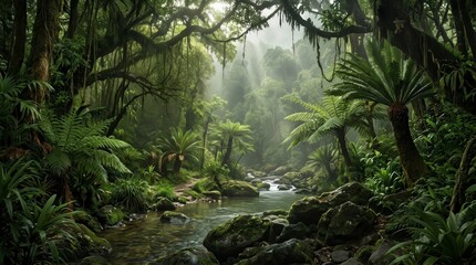 Fototapeta premium Lush prehistoric jungle featuring dense tropical vegetation and ancient ferns.