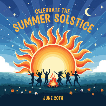 Celebrate the Summer Solstice with a vibrant illustration of people dancing around a bonfire under a starry sky with a large sun.