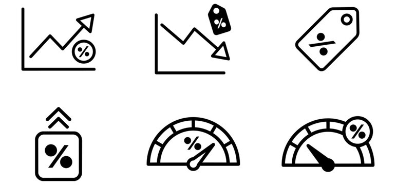 Collection of financial growth and discount icons featuring interest rate charts percentage tags and speedometers