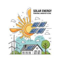 Naklejka premium Illustration of solar panels on a house roof and wind turbines, with a bright sun and clouds, symbolizing renewable energy powering a brighter future.