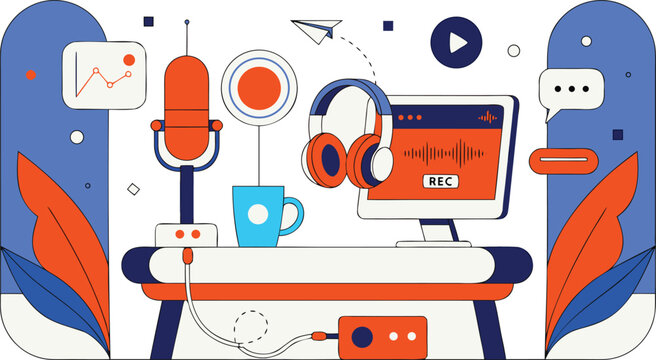 Modern podcast recording setup with microphone headphones and computer screen