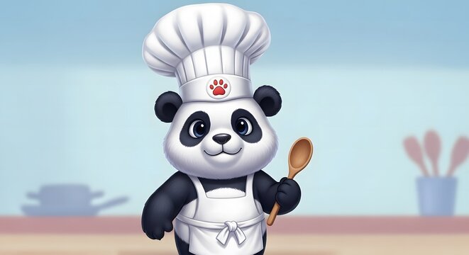 Cute cartoon panda chef in uniform holds wooden spoon with paw, happy expression, soft background.