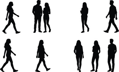 Fototapeta premium Silhouettes of men and women walking and standing, diverse people group figures in various casual poses isolated on white background, vector.