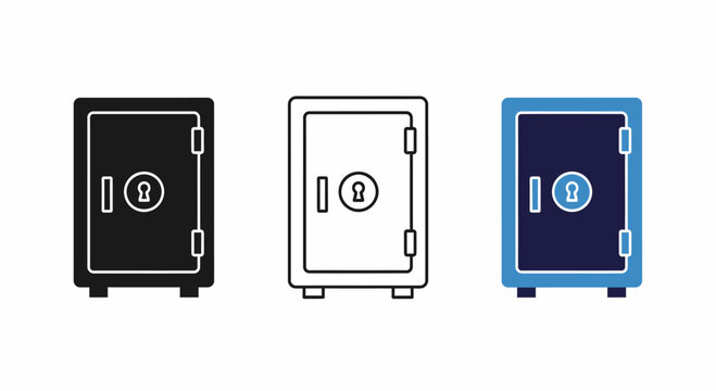 Safe Box Icon Set in Black Silhouette, Outline and Blue Flat Design for Security Banking and Vault Protection Vector Icons
