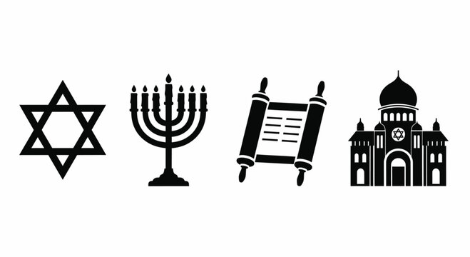 Jewish Religion Icon Set with Star of David, Menorah Candle, Torah Scroll and Synagogue Black Silhouette Glyph Icons
