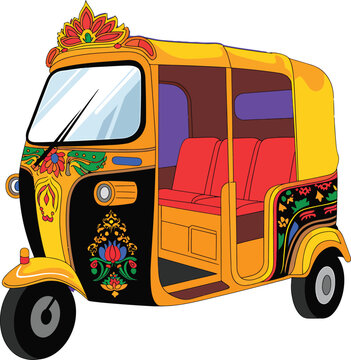 Decorated auto rickshaw with ornate pattern vector illustration,