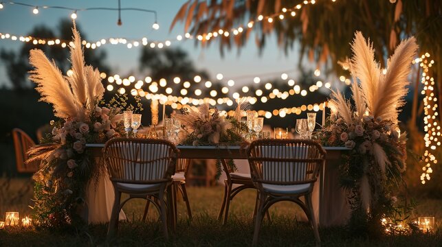 Elegant Outdoor Evening Wedding Reception Setup Featuring String Lights and Rustic Floral Arrangements