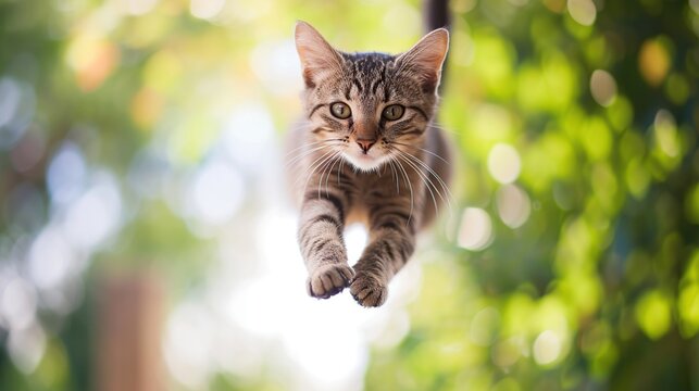 Energetic small tabby kitten leaps toward the camera in mid-air outdoors under bright sunlight