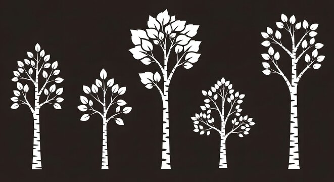 White silhouette of various birch trees with leaves on black background, nature design elements.