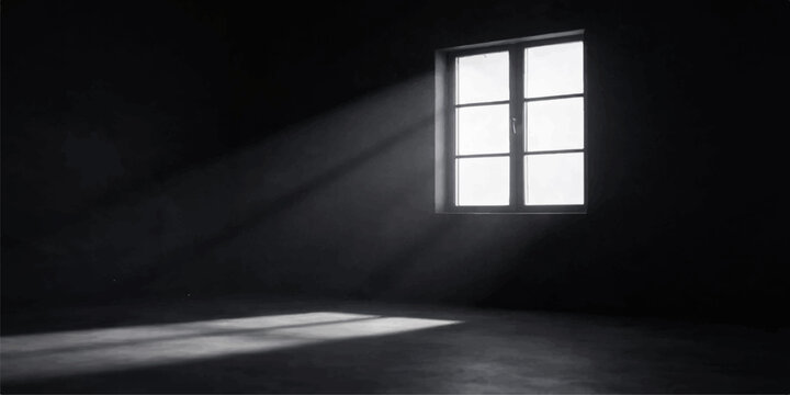 An empty dark room featuring a minimalist architectural design with light streaming through an open glass window onto the wooden floor of a blank interior house space