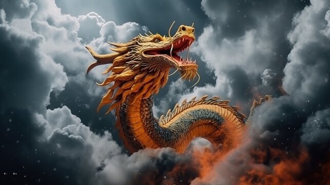Fiery orange dragon soaring through dramatic storm clouds with billowing smoke
