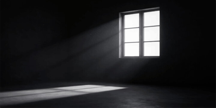 A bright light streams through an open glass window into a blank empty room, revealing the minimalist architecture of a modern apartment interior with a dark floor and white walls in a 3d space