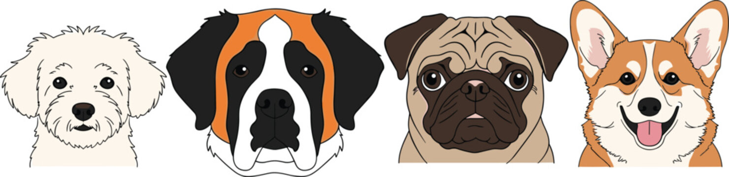 Cute Dog Face Collection with Cartoon Illustrations of Poodle, Saint Bernard, Pug, and Corgi for Pet, Animal, and Dog Lover Designs