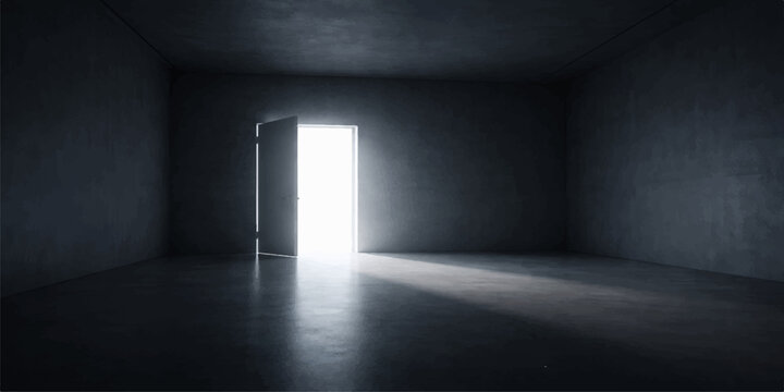 An open door reveals bright light at the end of an empty dark hallway in this 3d interior architecture design