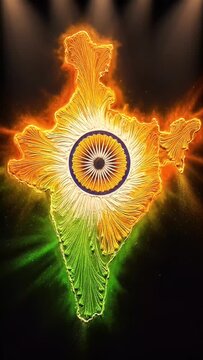 Glowing Abstract Map of India in National Flag Colors with Chakra