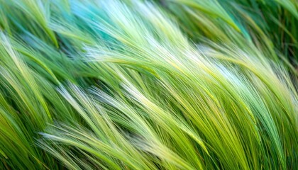 Fototapeta premium Vibrant green wild barley fields ripple in the wind, creating a soft abstract flow. This artistic nature shot evokes peace and renewal, ideal for ecofriendly designs and calm backgrounds.